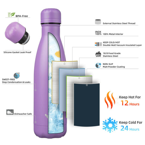 Konokyo lavender 17oz bottle side view highlights sturdy stainless steel construction.