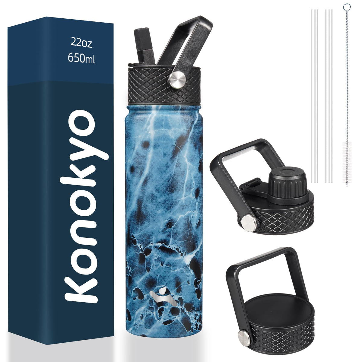 Konokyo Marble Ocean 22oz bottle with triple lids for hot or cold drinks on the go