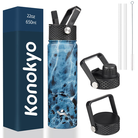 Konokyo Marble Ocean 22oz bottle with triple lids for hot or cold drinks on the go