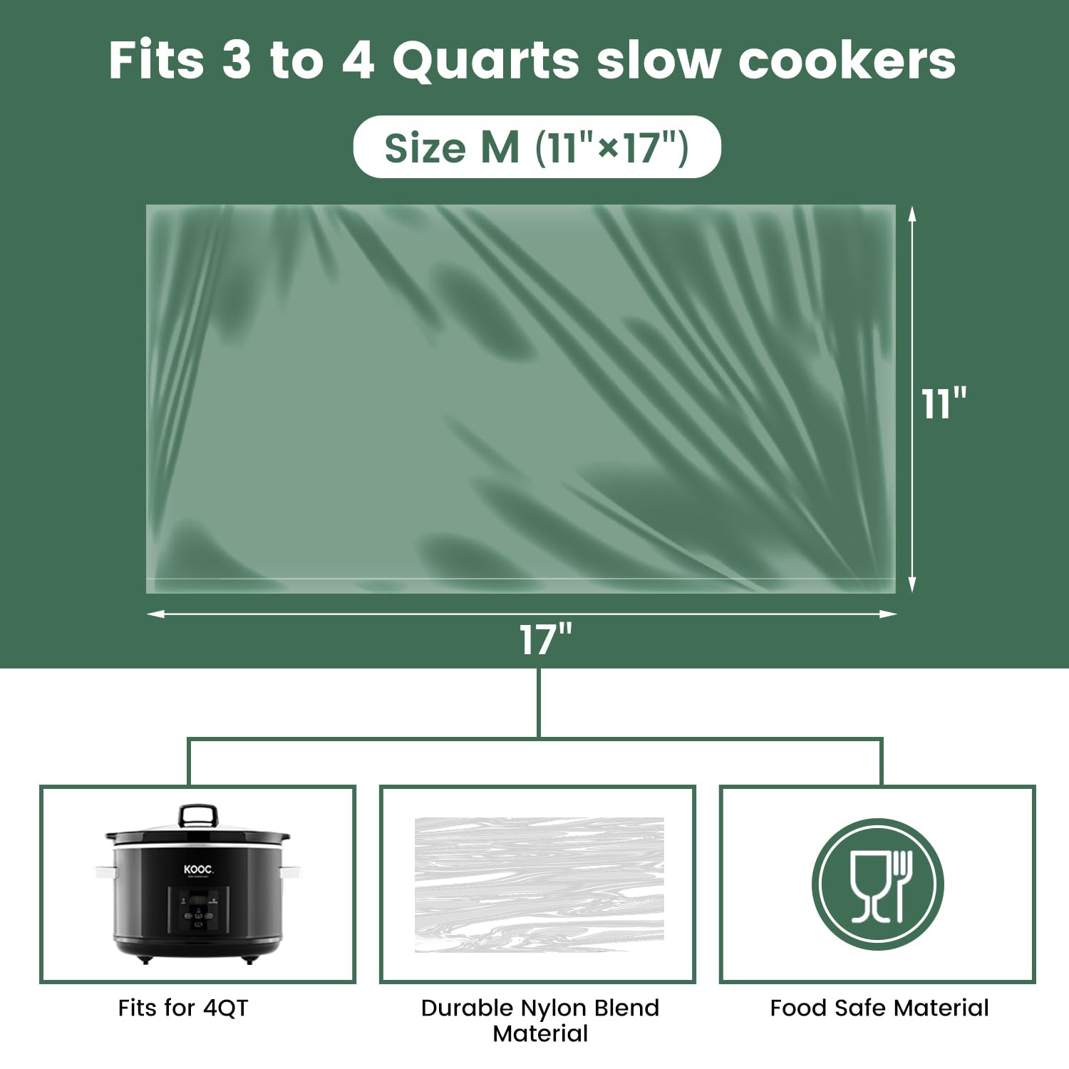KOOC liners fit 3-4 qt slow cookers for versatile meals.