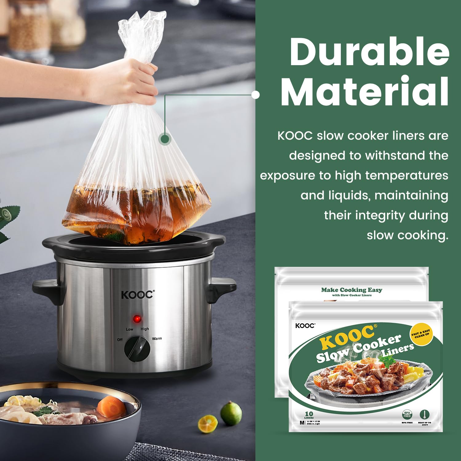 KOOC liners enable mess-free cleanup after slow cooking.