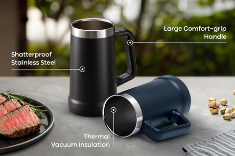 KooK mug shows large ergonomic handle for easy grip during travel.