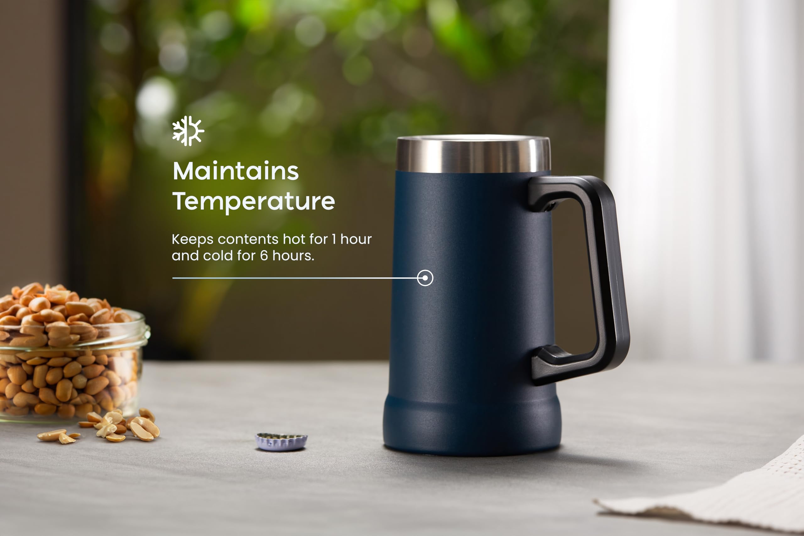 KooK steel mug highlights shatterproof design for outdoor use.