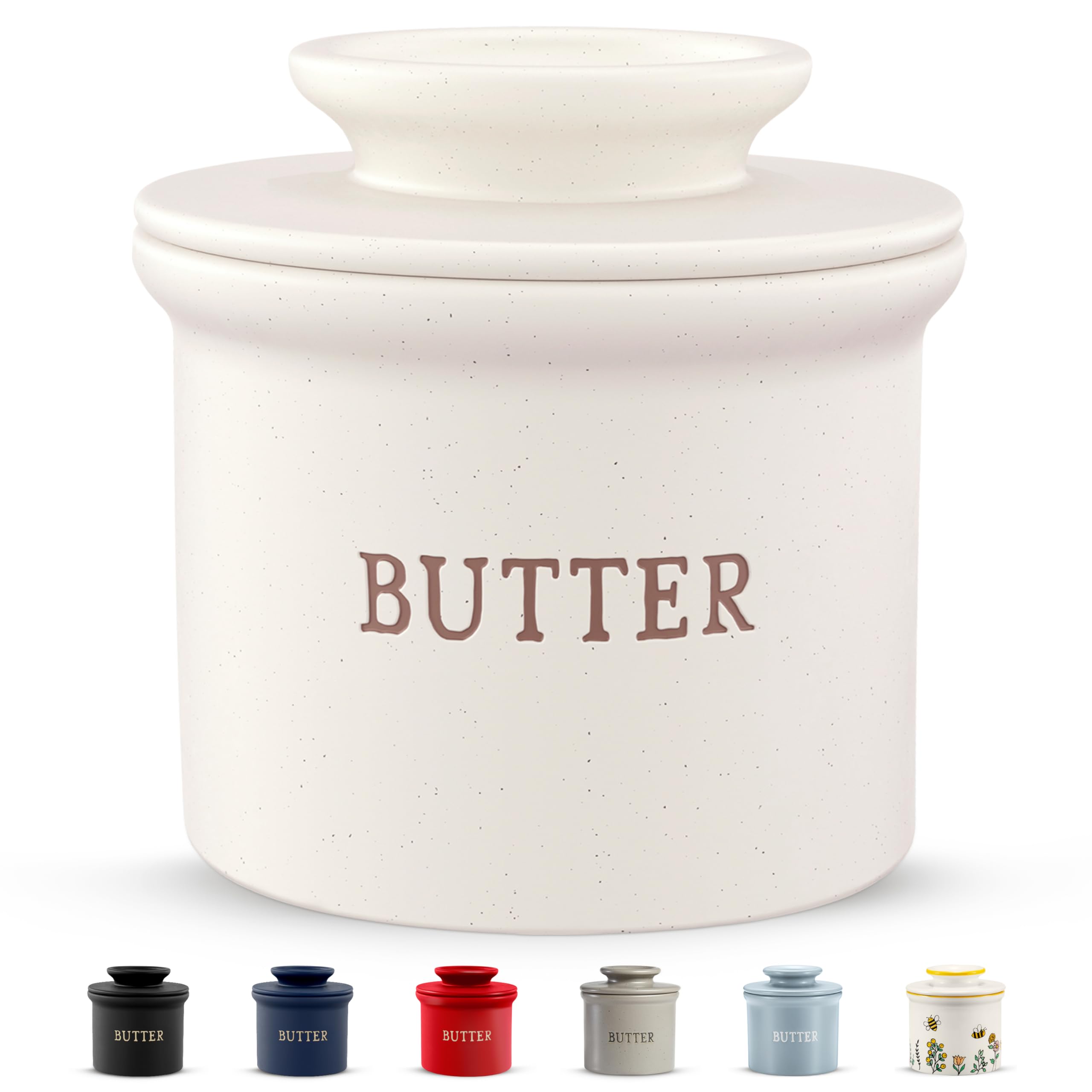 KooK Butter Keeper Dish matte oatmeal on counter for easy spreading.