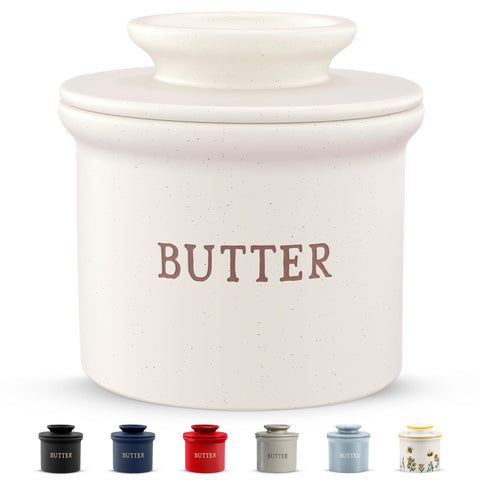 KooK Butter Keeper Dish matte oatmeal on counter for easy spreading.