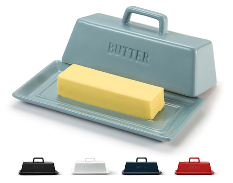 KooK ceramic butter dish with lid on counter keeps butter fresh and ready.