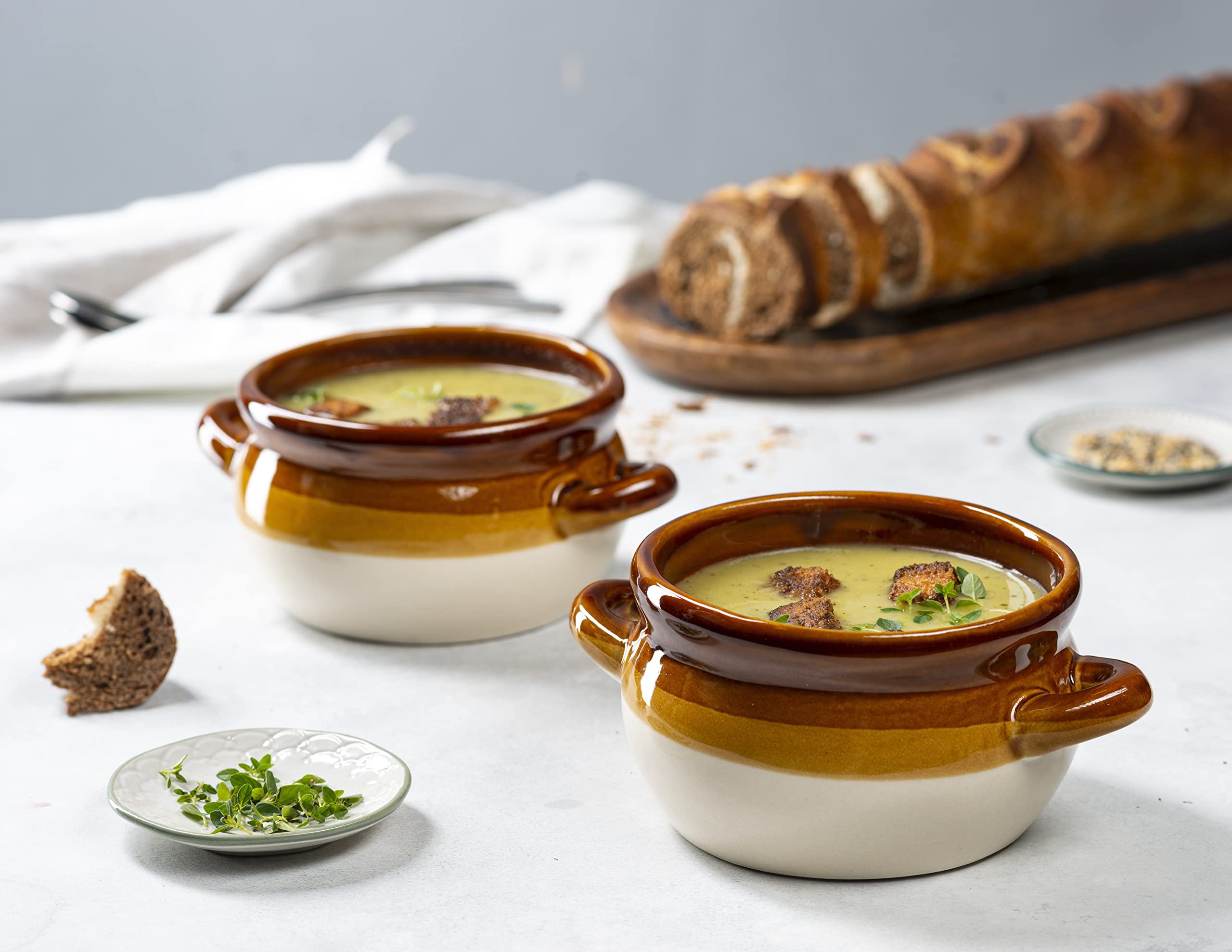 KooK stoneware soup crock with sturdy handles for safe serving from oven to table.