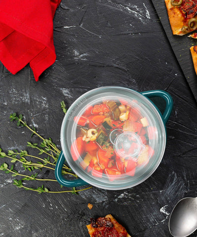 KooK ceramic soup crock with teal glaze and comfort-grip handles for secure serving.