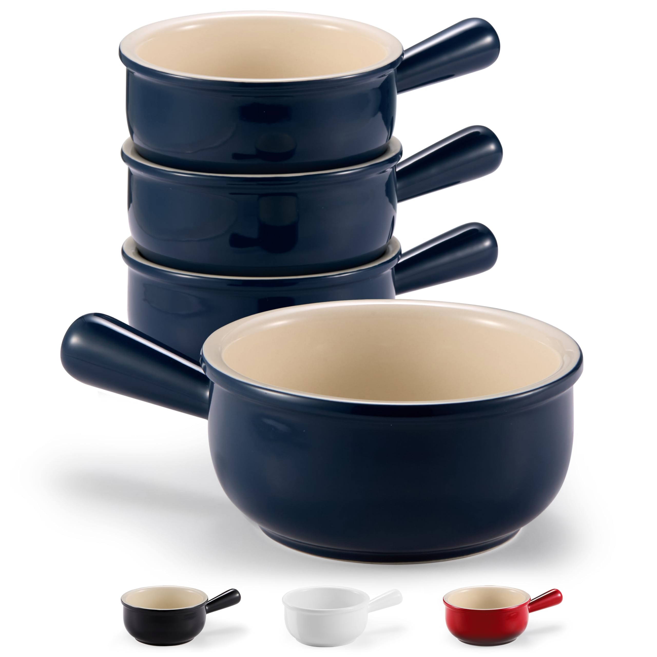 KooK navy French Onion Soup Bowl with handle, ideal for oven-to-table serving.