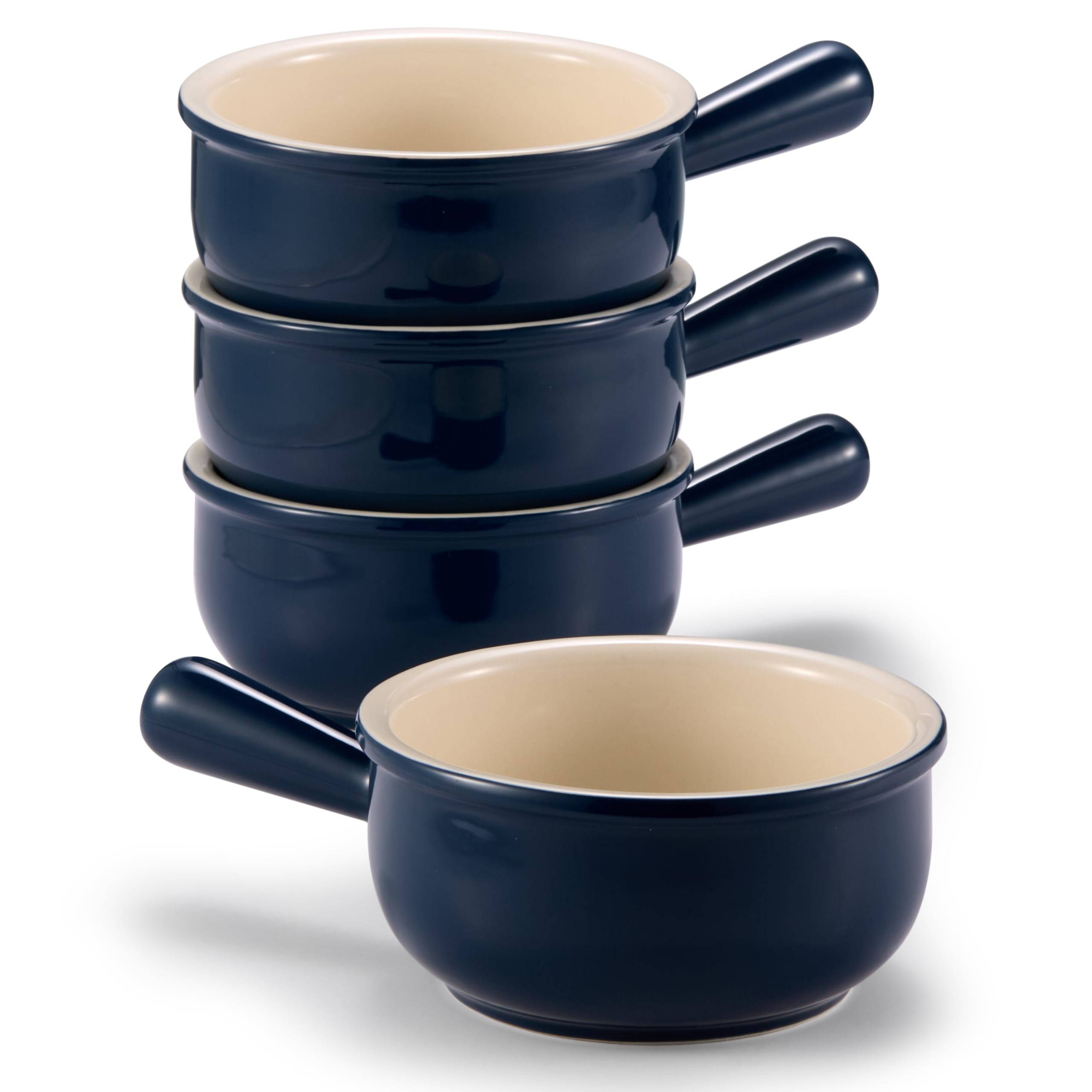 KooK navy bowl with broad handle for easy grip.