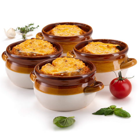 KooK French Onion Soup Bowl in oven-safe ceramic with easy-grip handles for hot servings.