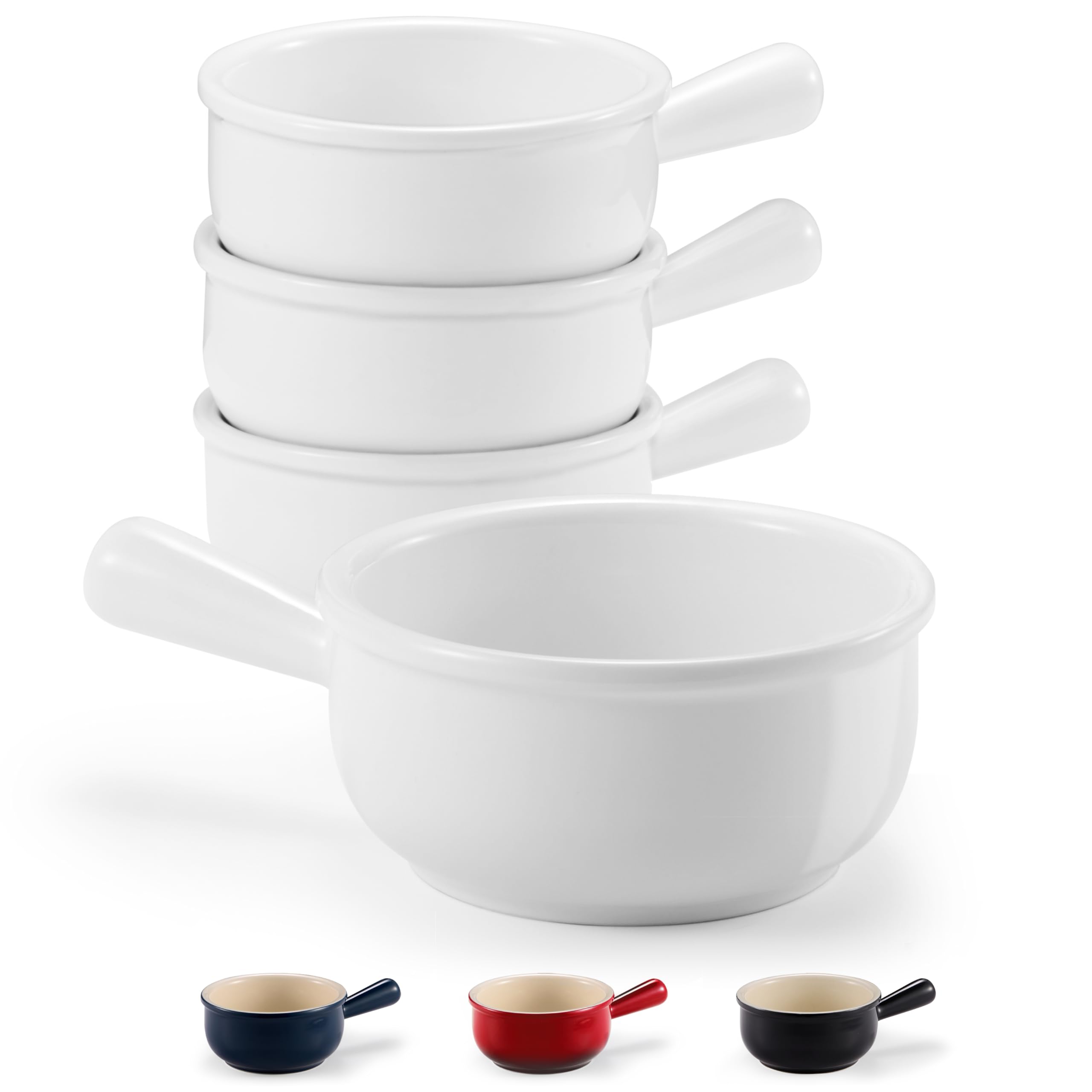 KooK French Onion Soup Bowls with broad handles in white stoneware for easy serving