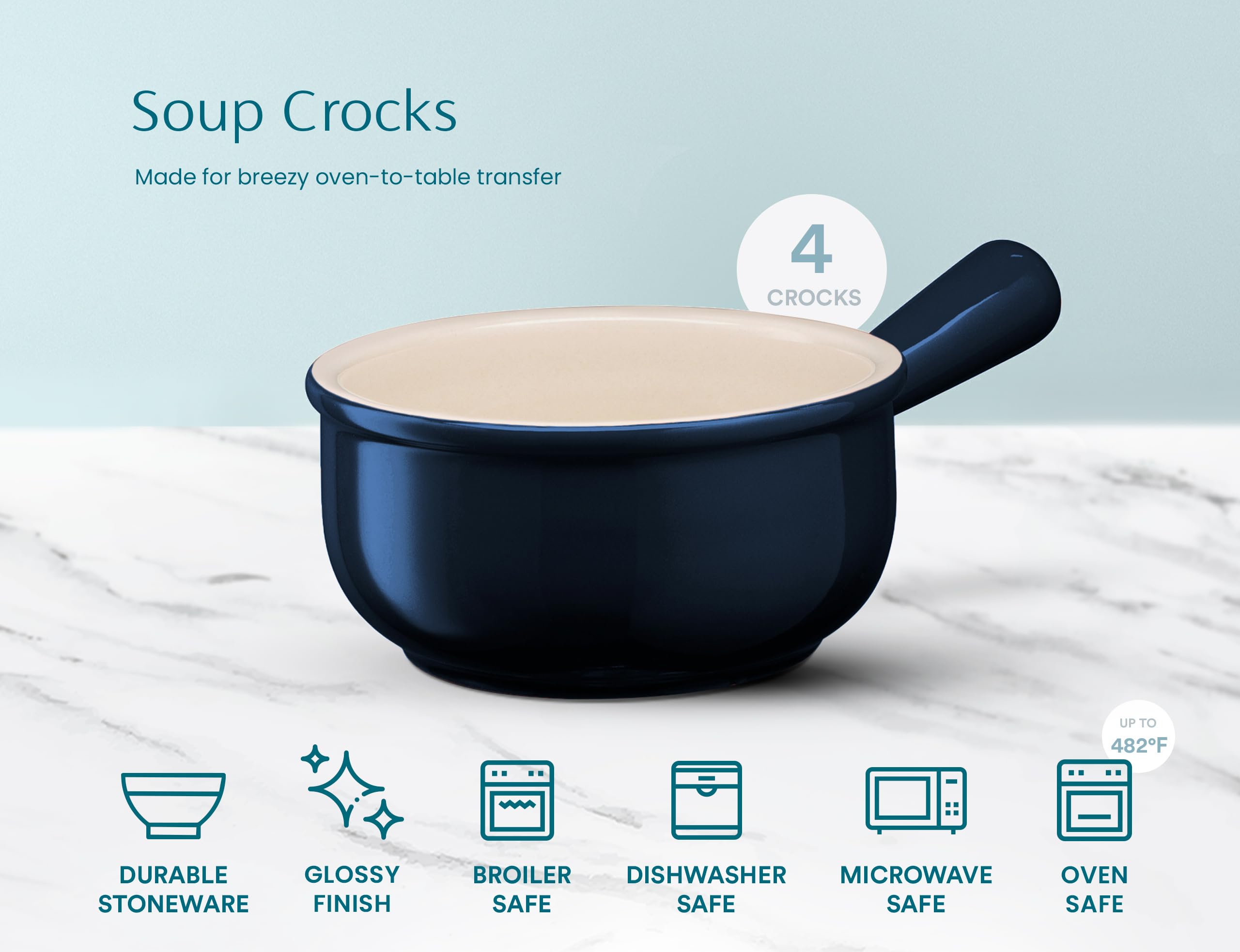 KooK navy French Onion Bowl is oven-safe for broiler-to-table use.