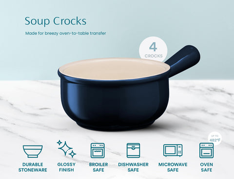 KooK navy French Onion Bowl is oven-safe for broiler-to-table use.