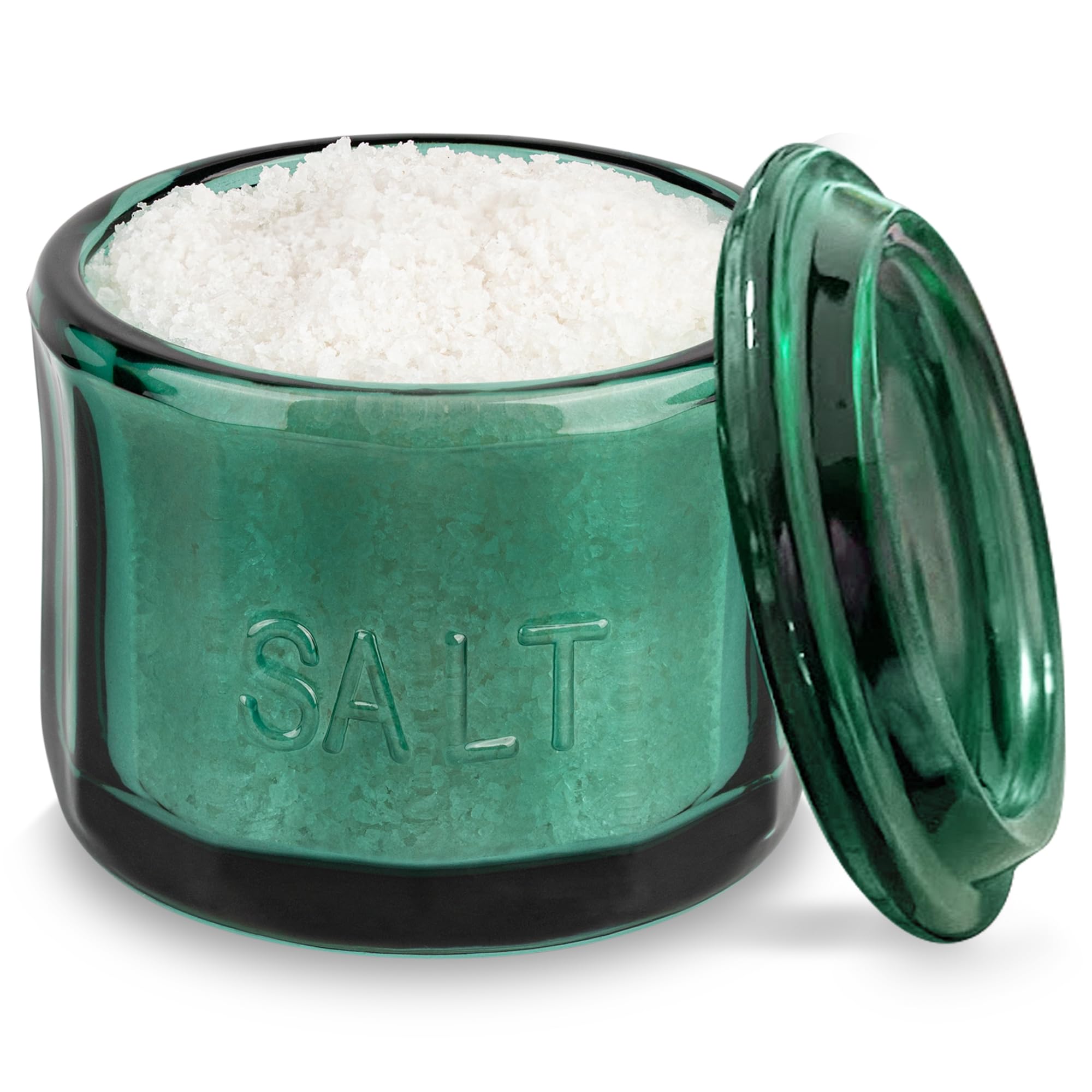 KooK Glass Salt Cellar with emerald lid on countertop for quick seasoning