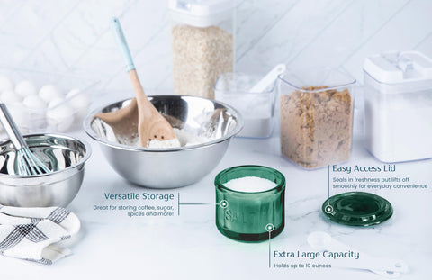 KooK glass lid and container keep contents dry and fresh beside the stove