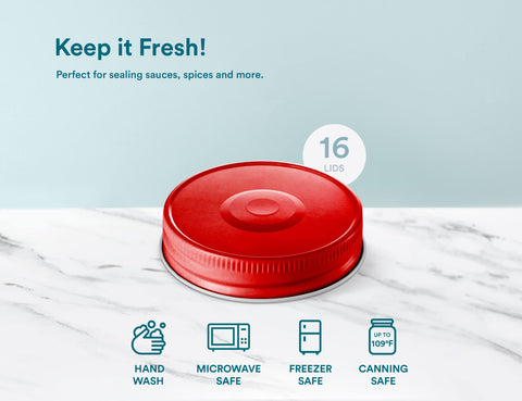 Bright red KooK lids brighten jars for pantry storage