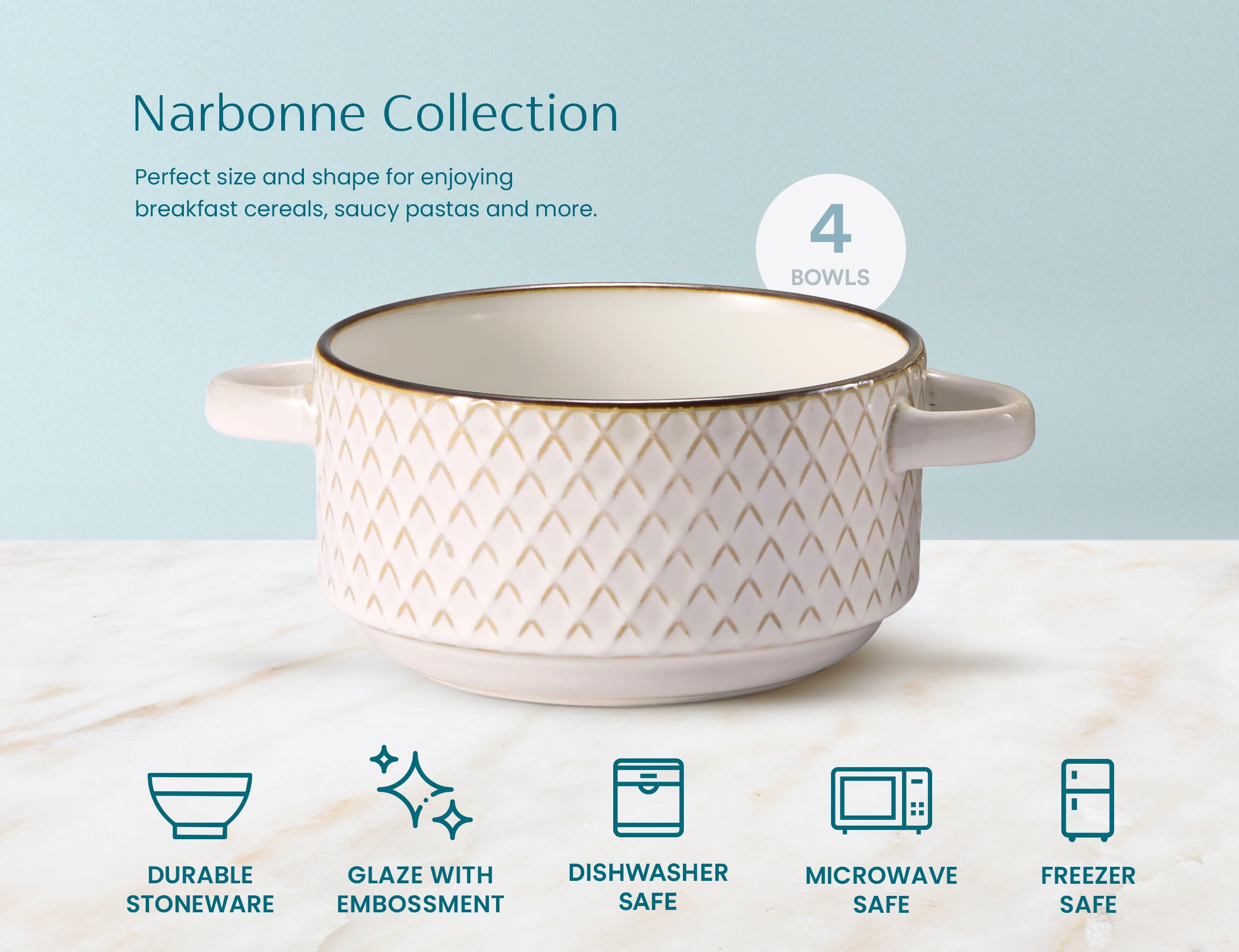 Embossed geometric pattern on Narbonne bowls with copper accents