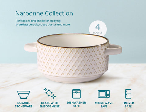Embossed geometric pattern on Narbonne bowls with copper accents