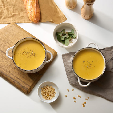 Ivory glazed Narbonne bowls with hand-painted rim and gloss finish