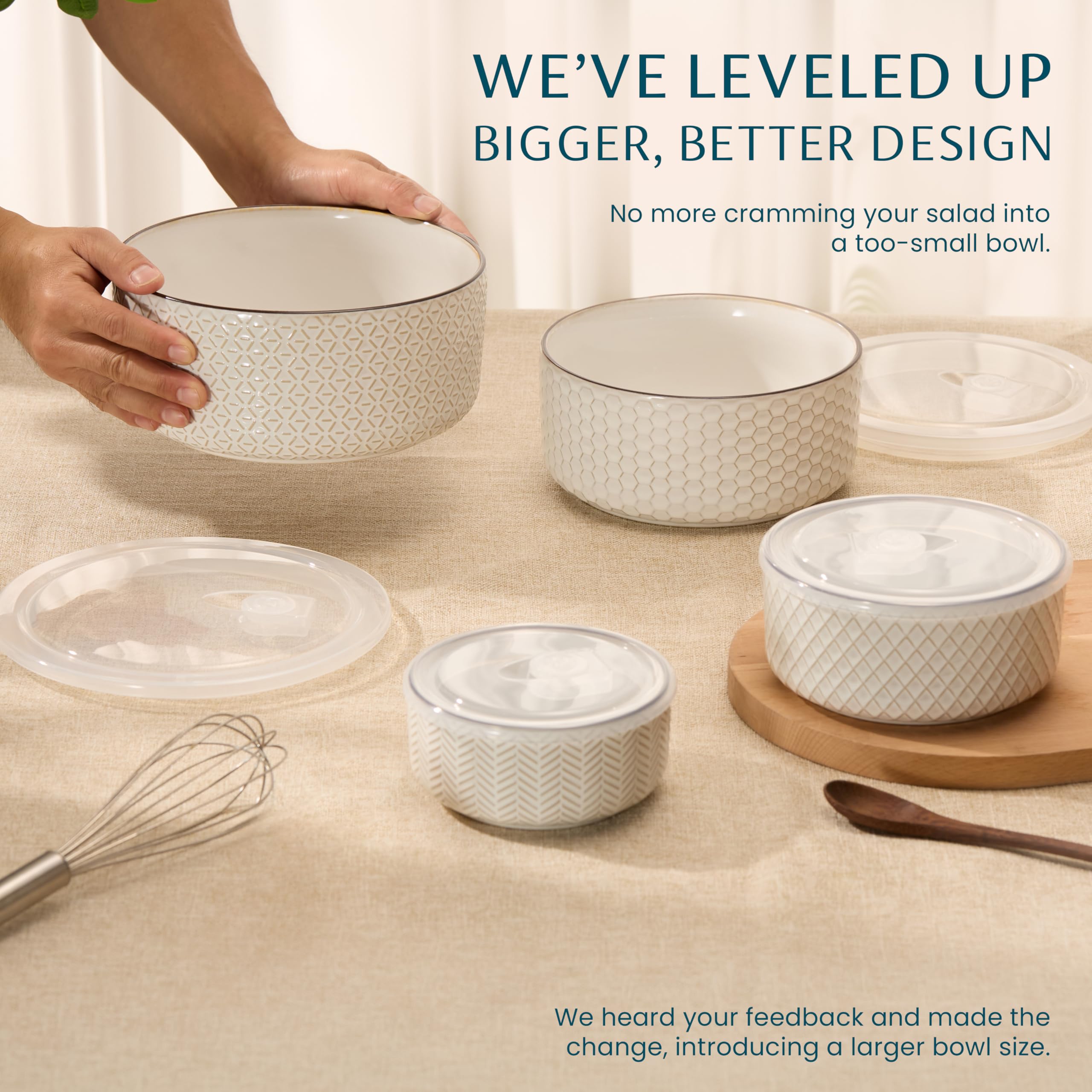 KooK Narbonne embossed ivory bowl 29oz ideal for prep and leftovers with a secure lid