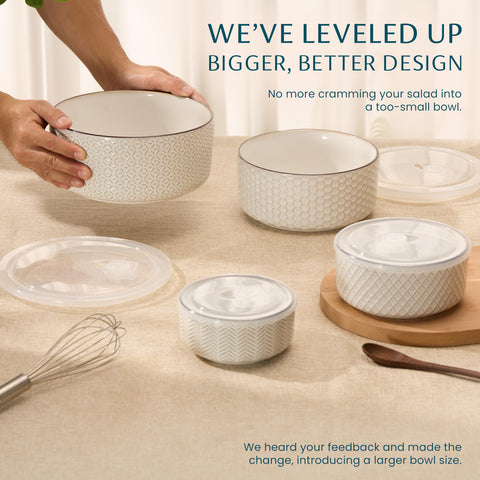 KooK Narbonne embossed ivory bowl 29oz ideal for prep and leftovers with a secure lid