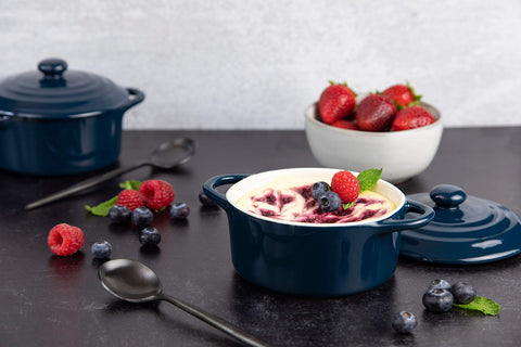 KooK navy cocotte oven-safe and microwave-friendly dish for quick meals.
