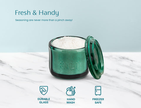 KooK salt cellar in use on kitchen counter with sugar and mints