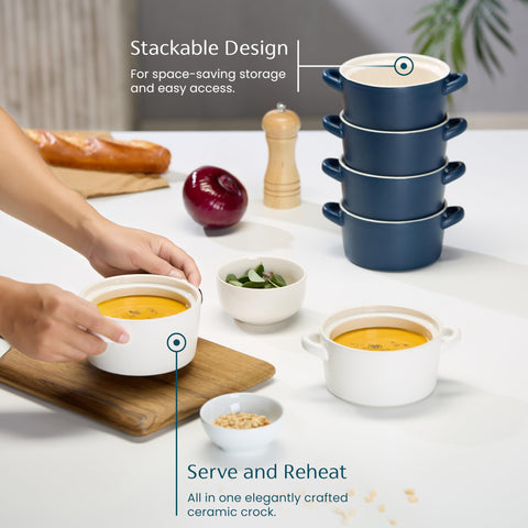 Matte white Kook Soup Crocks four-pack enhances coordinated dining