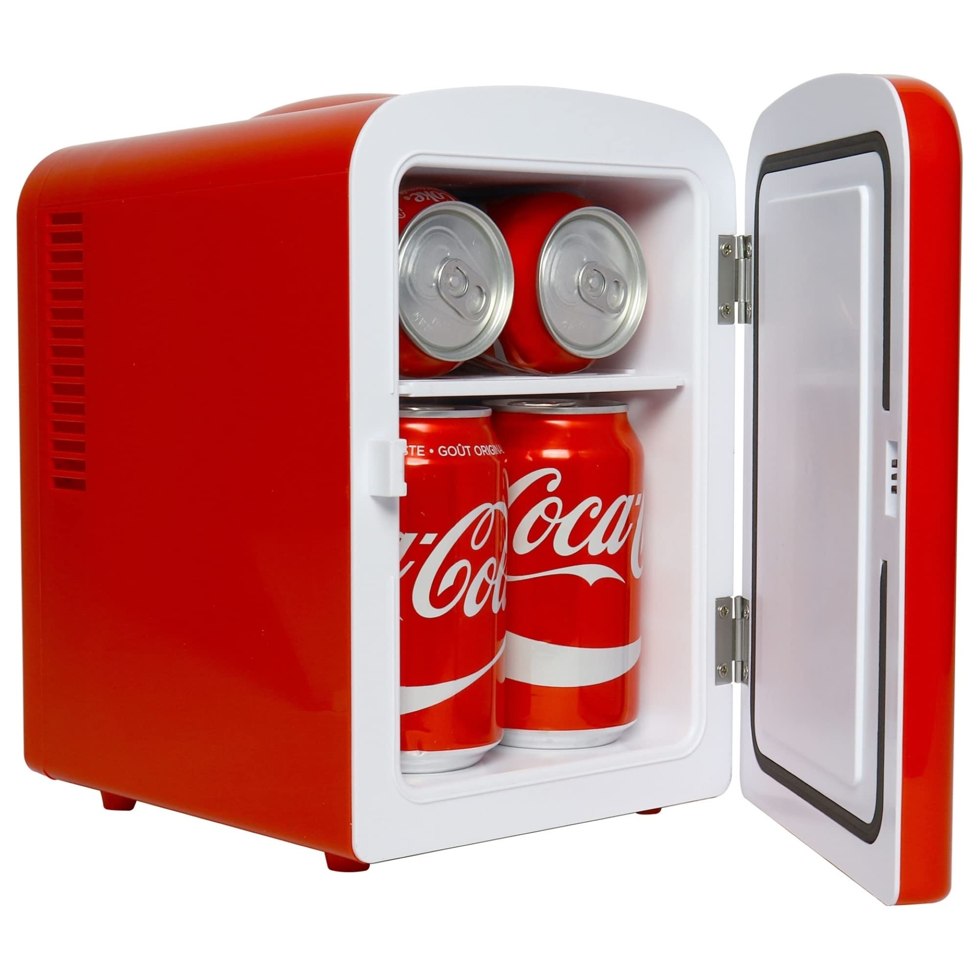 Koolatron Coca-Cola Polar Bear mini fridge on desk highlighting compact size.