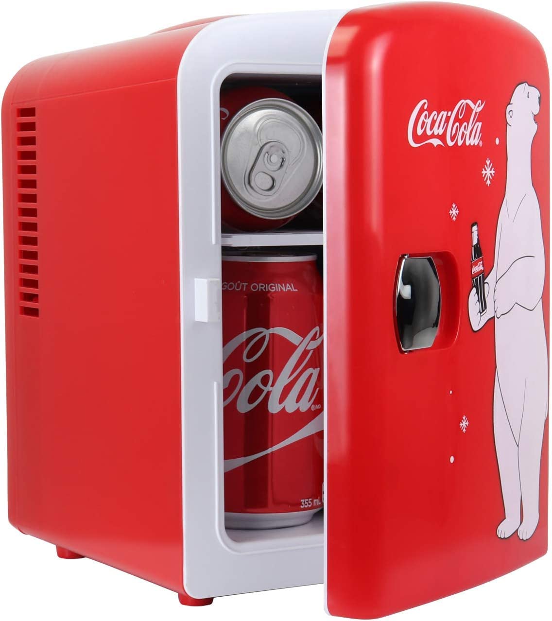 Koolatron Coca-Cola Polar Bear mini fridge front view for stylish desk storage.