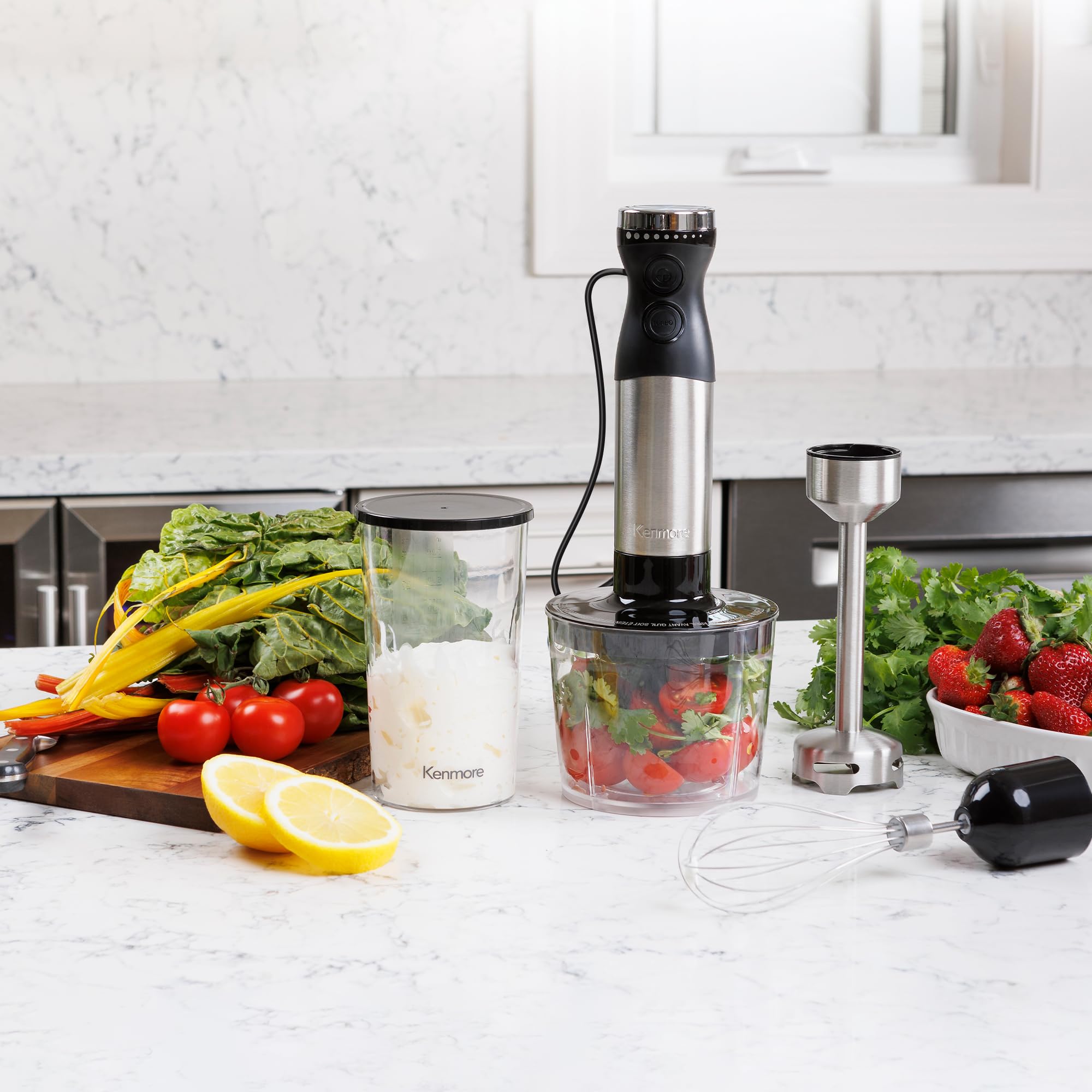 Koolatron Kenmore immersion blender dishwasher-safe parts for easy cleanup.