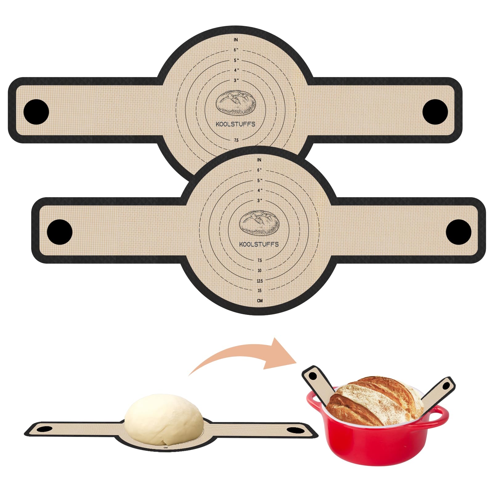 Koolstuffs silicone bread sling in a Dutch oven for easy, safe lifting.