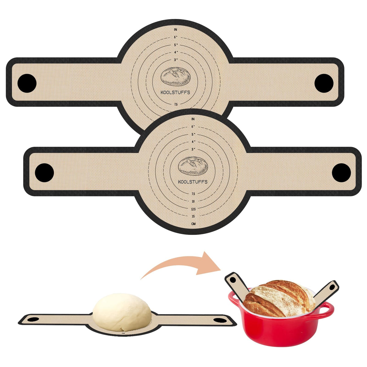 Koolstuffs silicone bread sling in a Dutch oven for easy, safe lifting.
