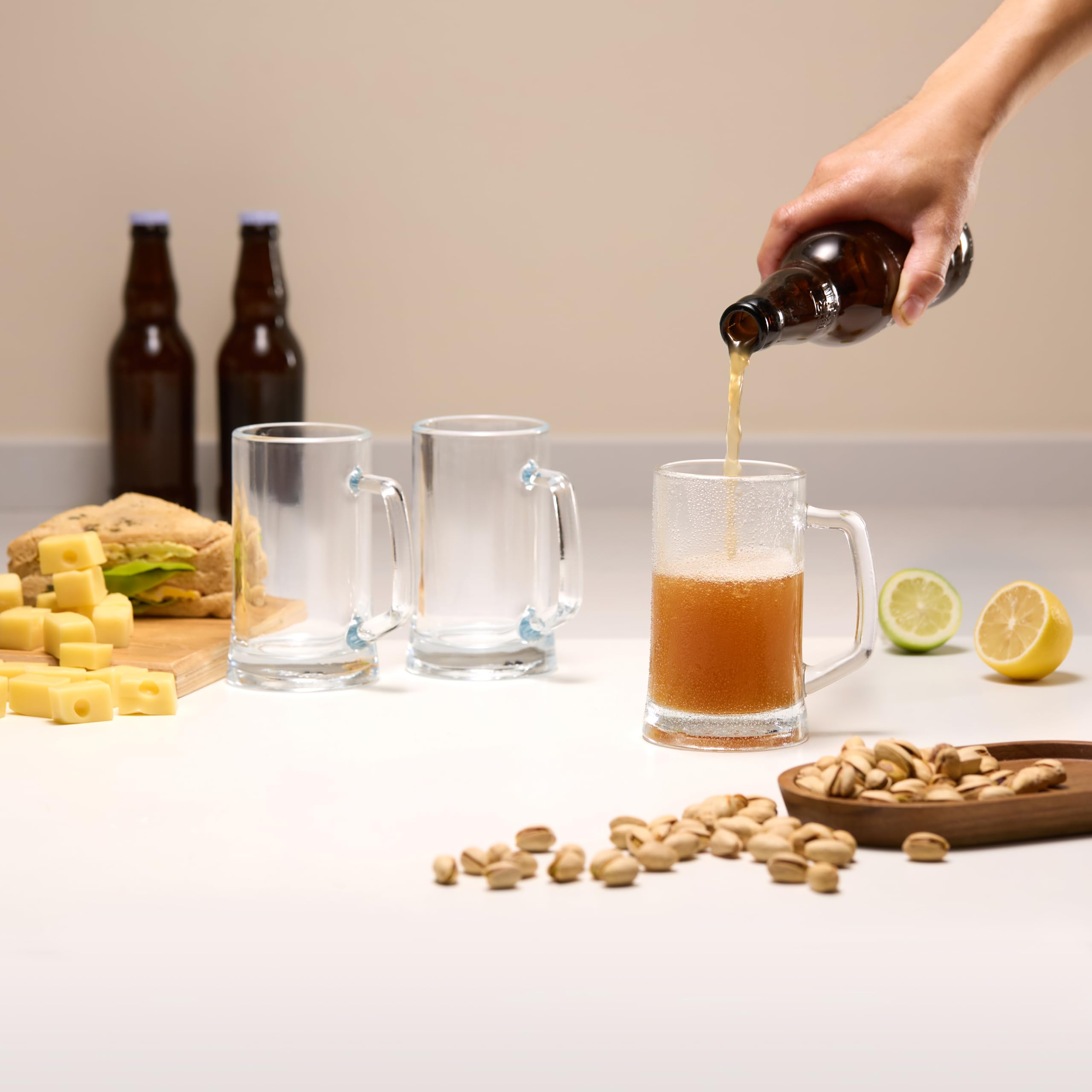 Koook 12.7 oz clear glass mugs showing large capacity and clarity.