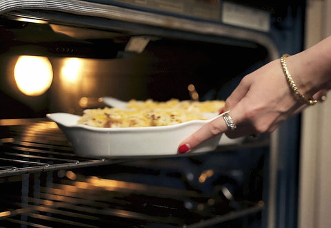 KooK au gratin dishes showcasing glossy ivory finish for easy cleaning.