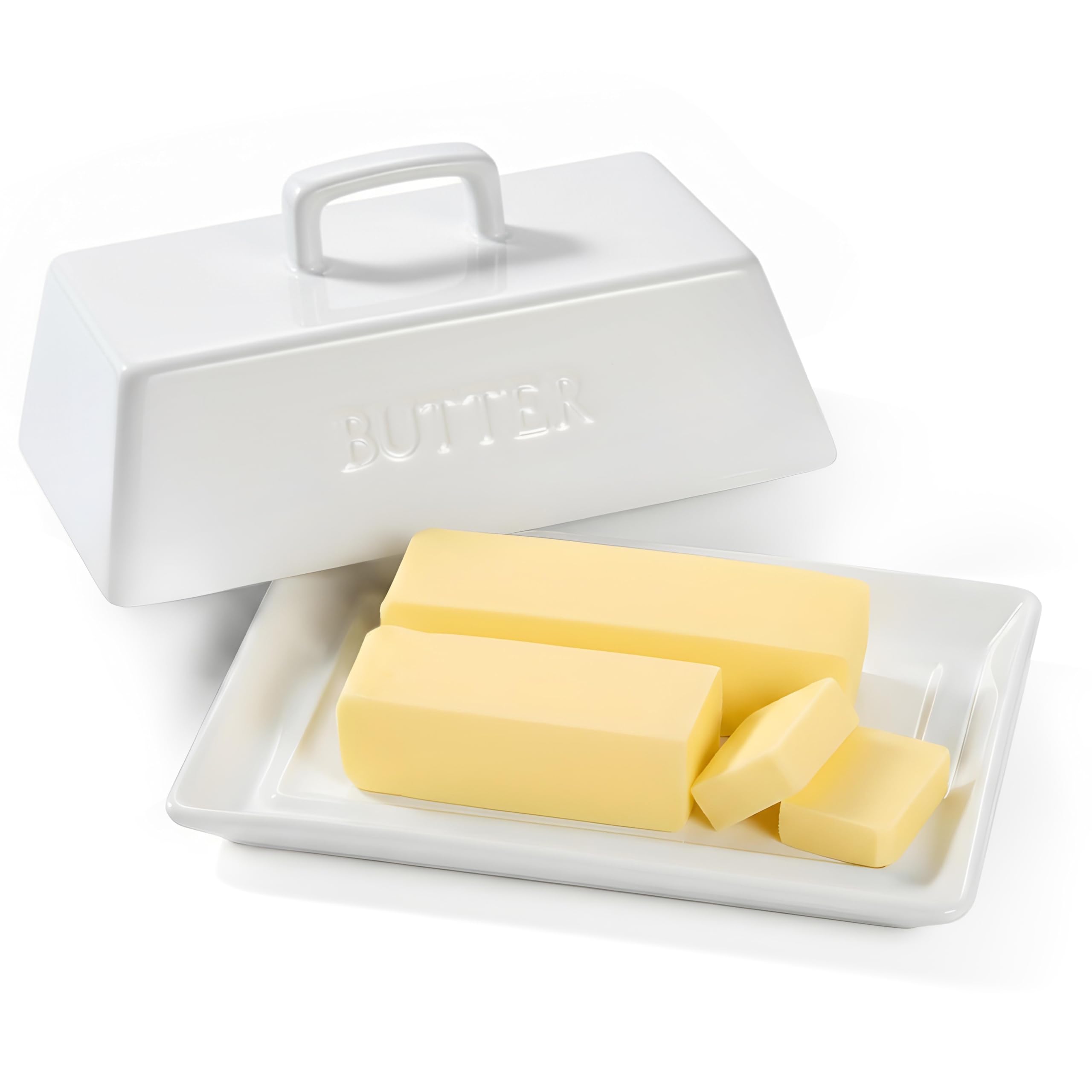 KooK ceramic butter dish with lid in white on counter, ready to serve.