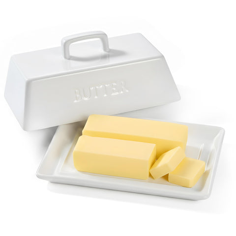 KooK ceramic butter dish with lid in white on counter, ready to serve.