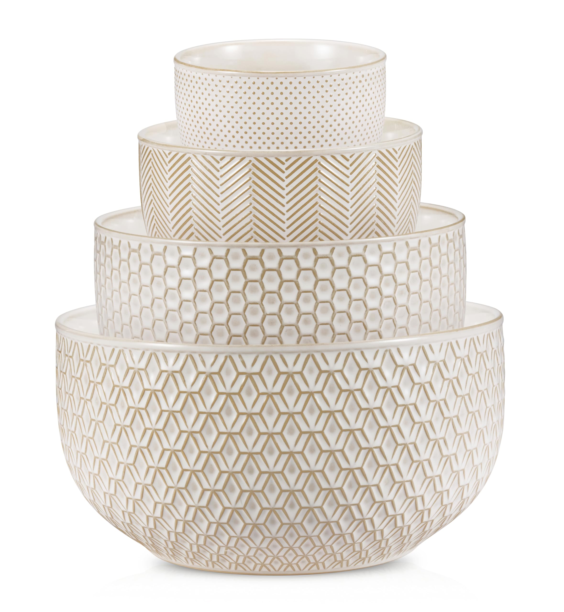KooK ceramic nesting bowls in ivory stacked for space-saving prep