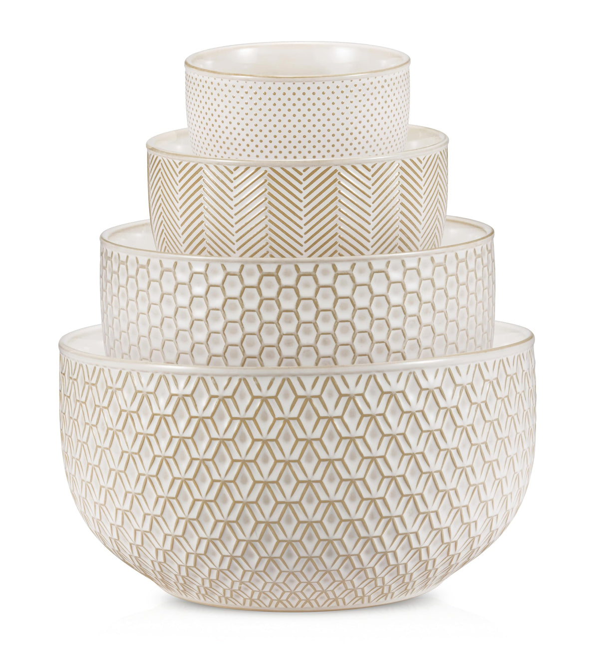 KooK ceramic nesting bowls in ivory stacked for space-saving prep