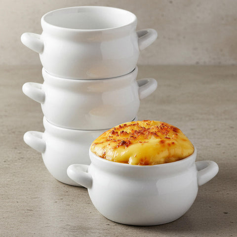 KooK French Onion Soup Crock front view with four white stoneware servings for oven-to-table use