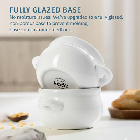 KooK French Onion Soup Crock handles close-up showing large stay-cool grips for easy transport