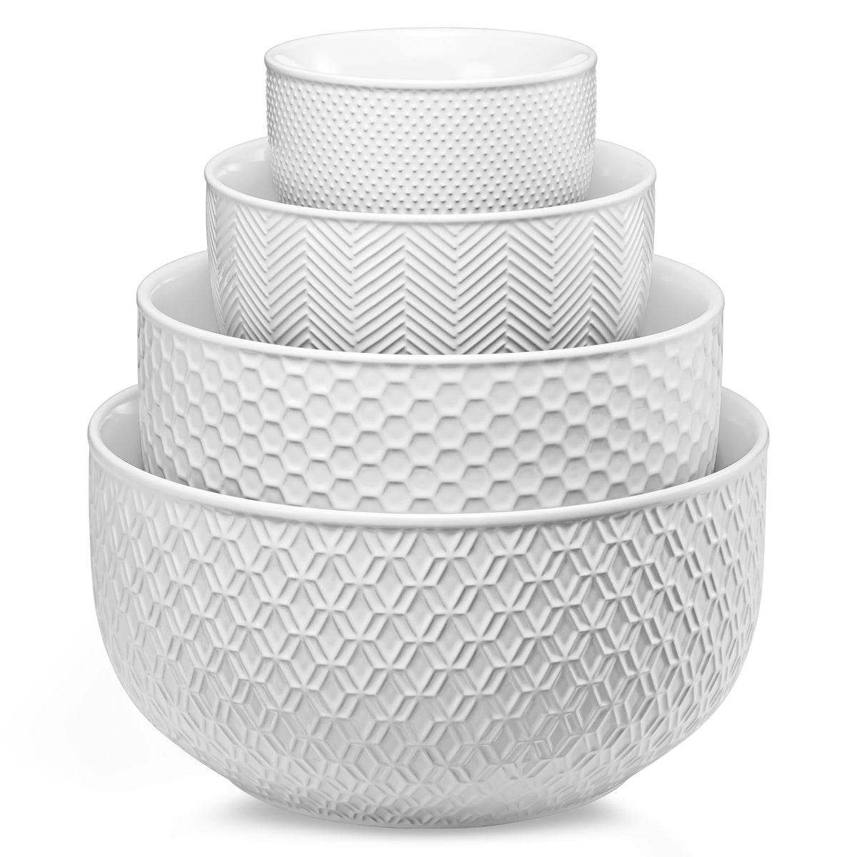 KooK Narbonne embossed mixing bowls nest for compact storage and prep.