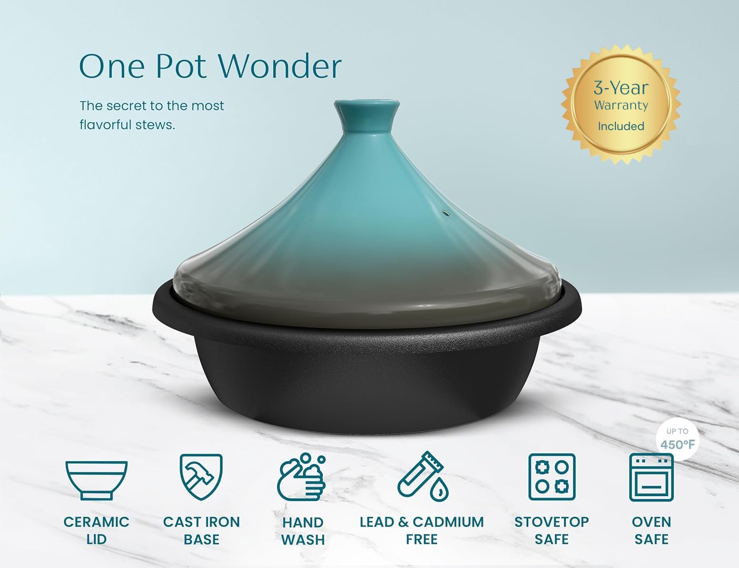 KooK stone blue tagine compatible with induction, gas, and oven heat sources.