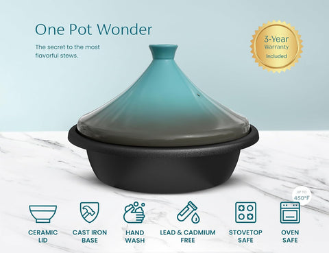 KooK stone blue tagine compatible with induction, gas, and oven heat sources.