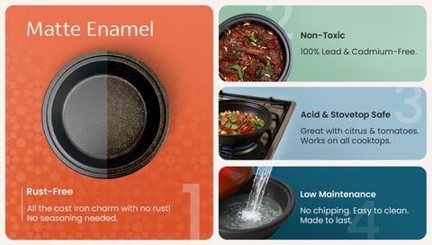 KooK tagine contains lead- and cadmium-free materials for safer cooking.