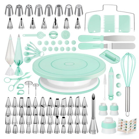 Kootek 158-pcs cake decorating kit turntable enables smooth, precise decorating.