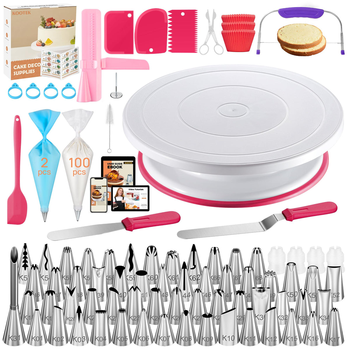 Kootek 230pcs cake decorating kit on the turntable for even frosting