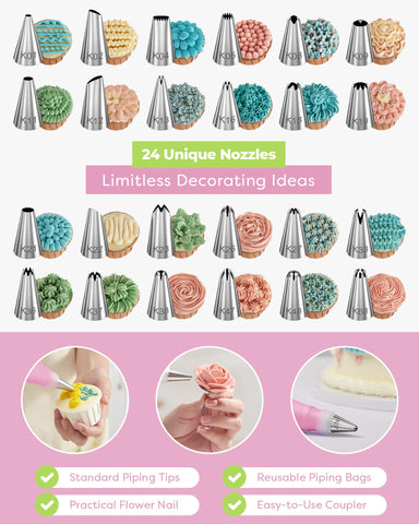 Kootek 24 numbered piping tips for diverse designs, enabling uniform patterns