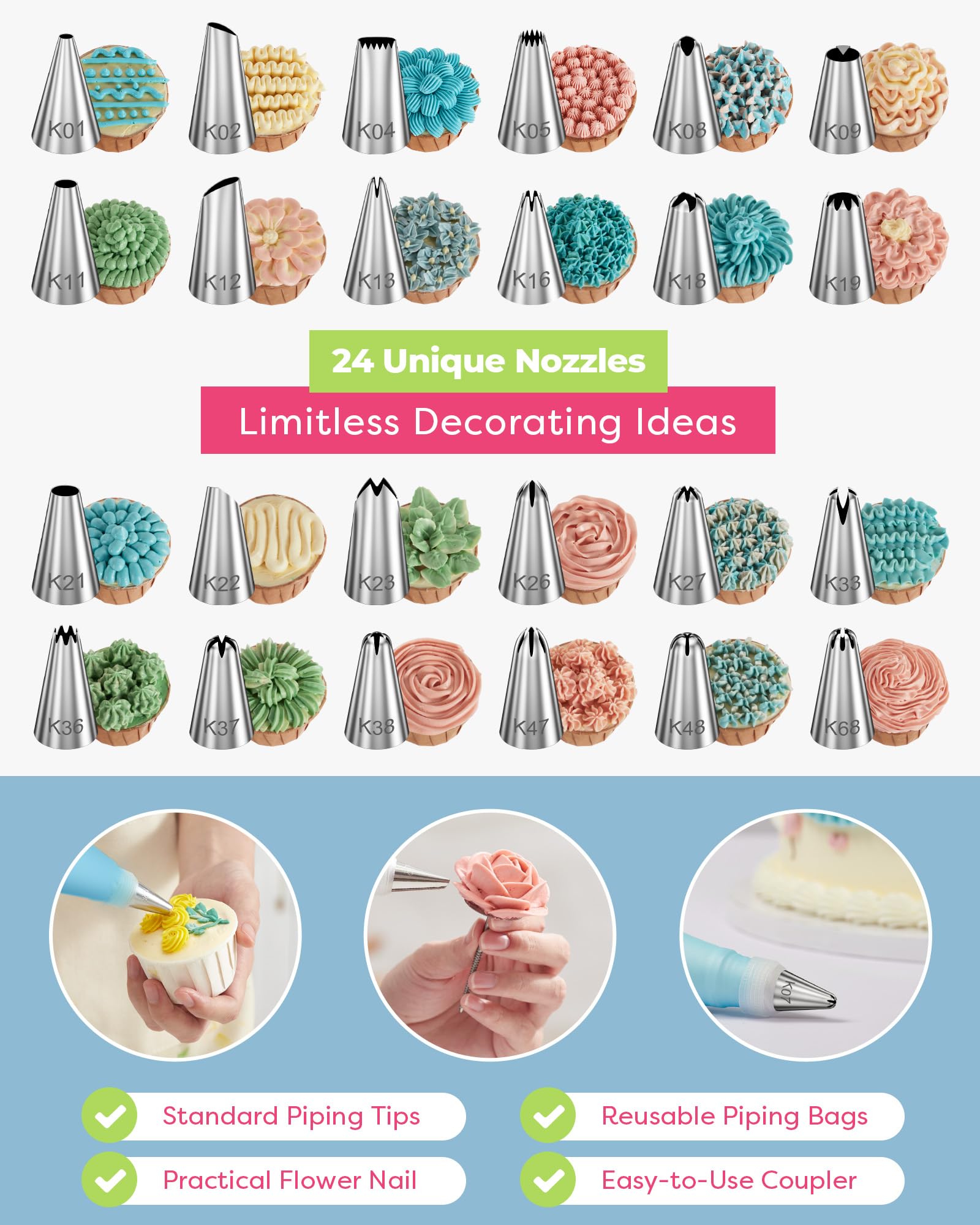 Kootek 24 numbered tips offering multiple icing patterns